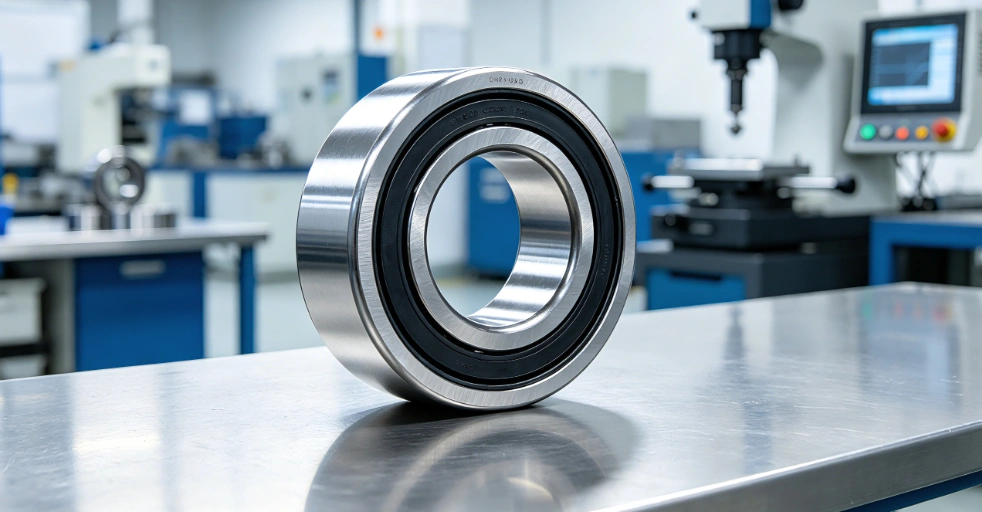 New high-precision low-friction bearing by Ante Bearing next to worn traditional bearing in factory setting